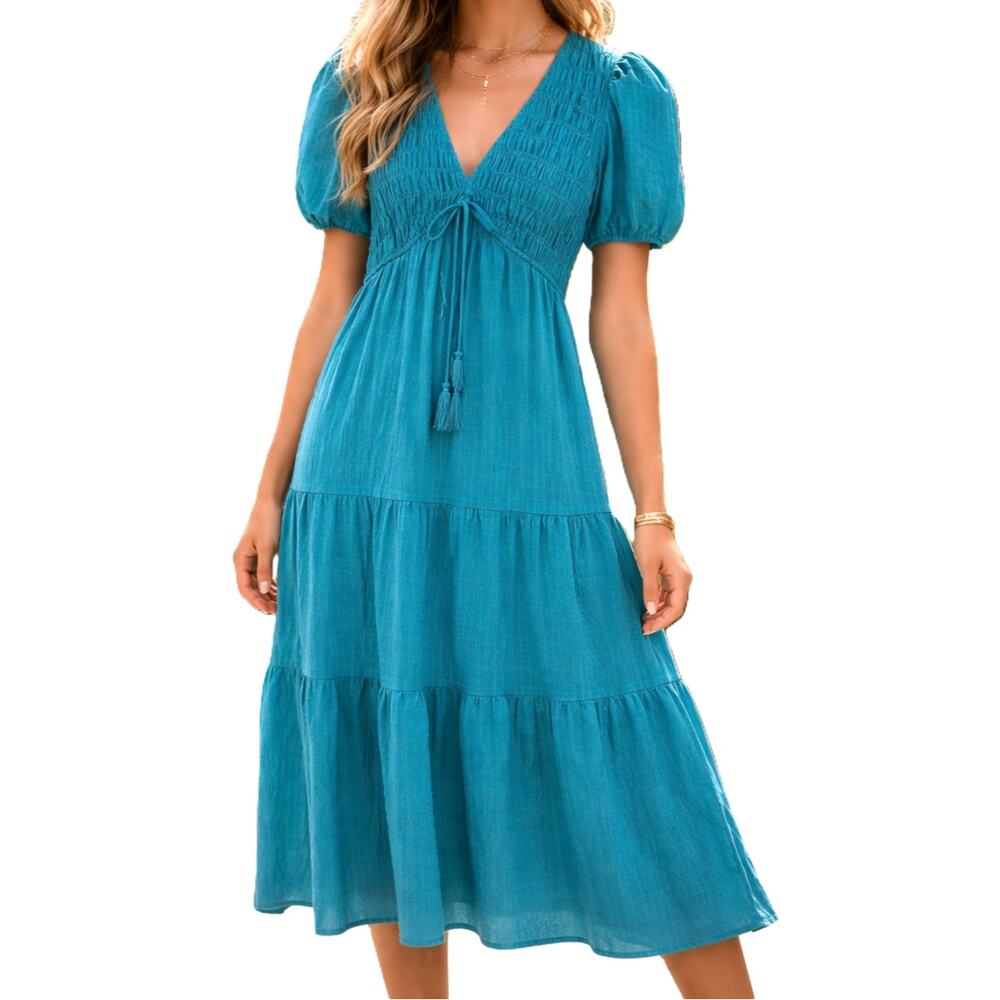 Taylor Tiered Midi Dress XS Teal Cottage Boho Chic Prairie Short Sleeve Smocked